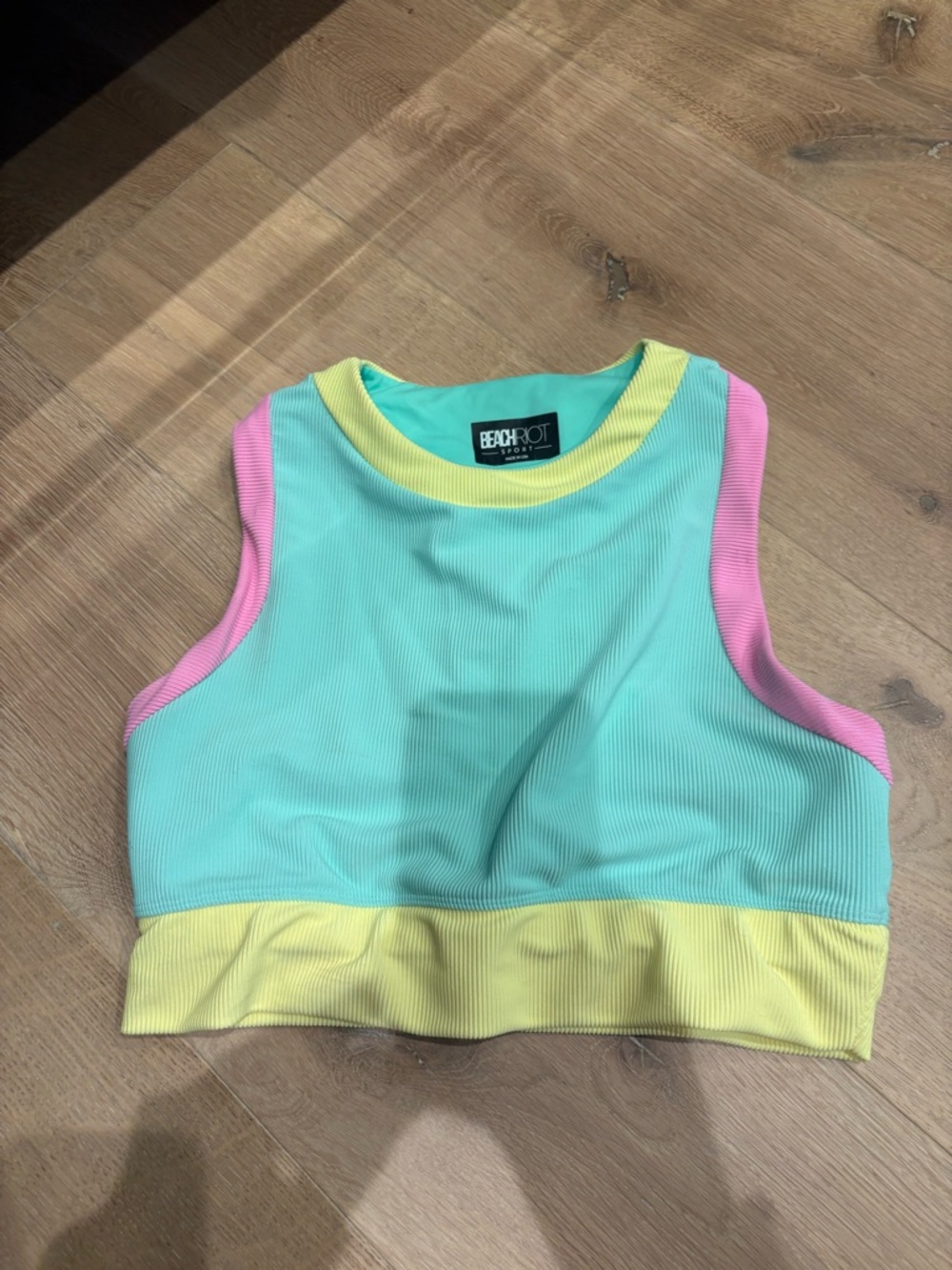 Beach Riot Mint & Yellow Ribbed Sport Crop Top size L
